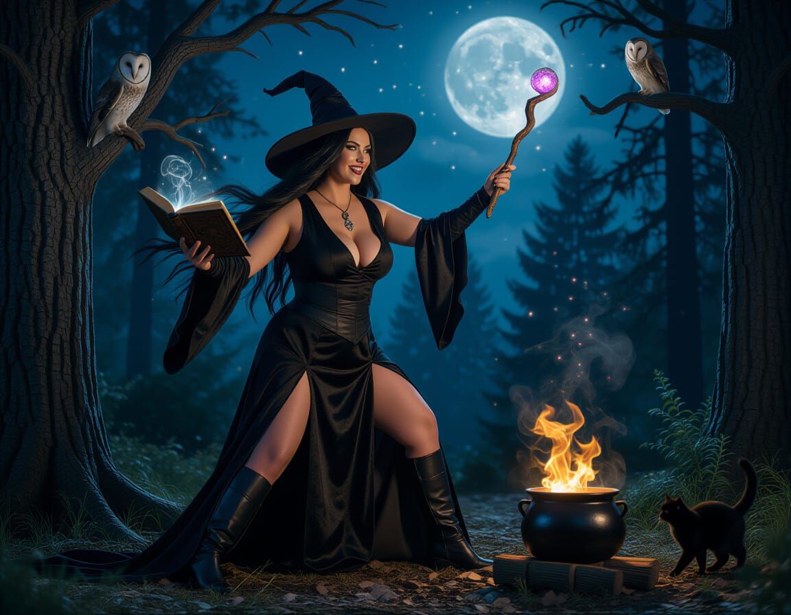 Enchanting Witch Casting Spell in Forest Clearing