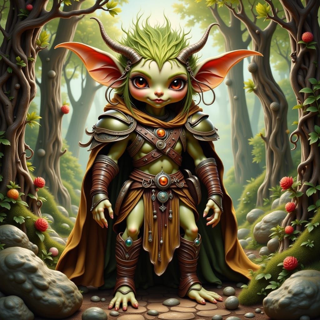 Regal Gelfling in Earthy Armor within Whimsical Dark Wood Vi...