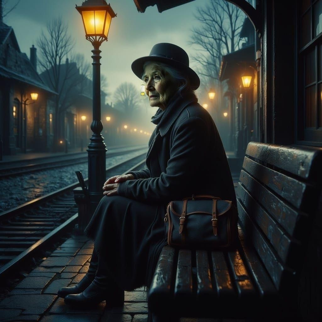 Elderly Woman Waits at Foggy Train Station