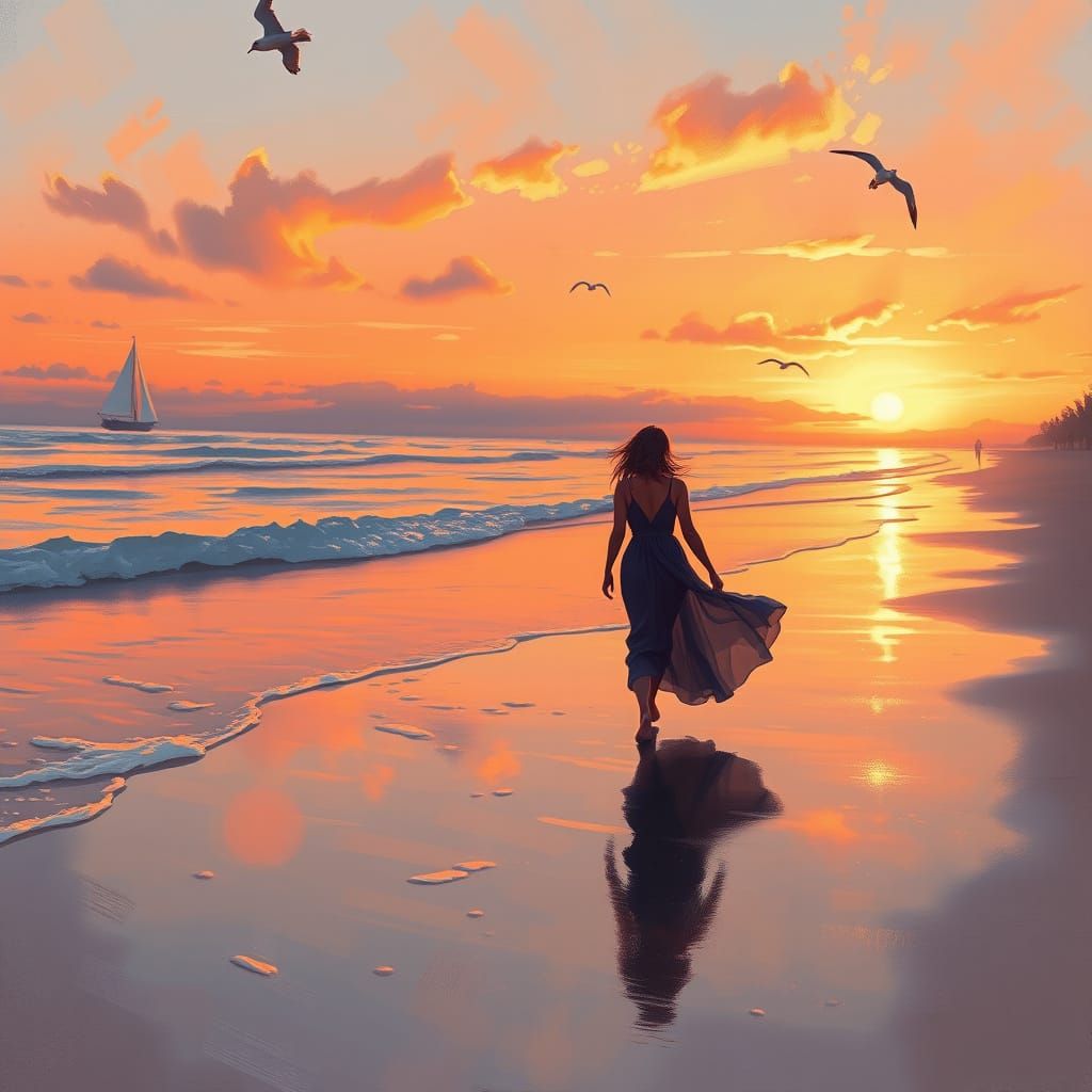 Romantic Beach Sunset in Impressionist Style