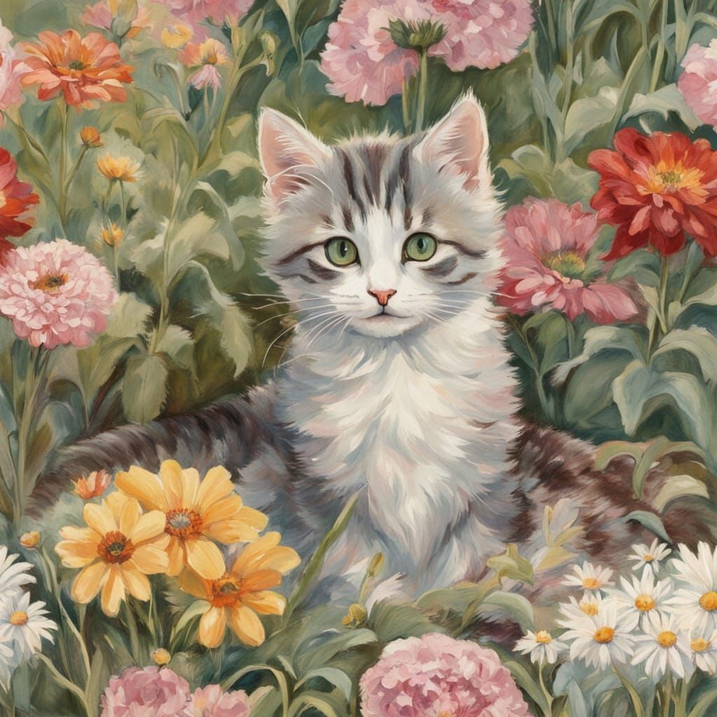 Whimsical Kitten Amidst Vibrant Flowers in a Garden Oasis