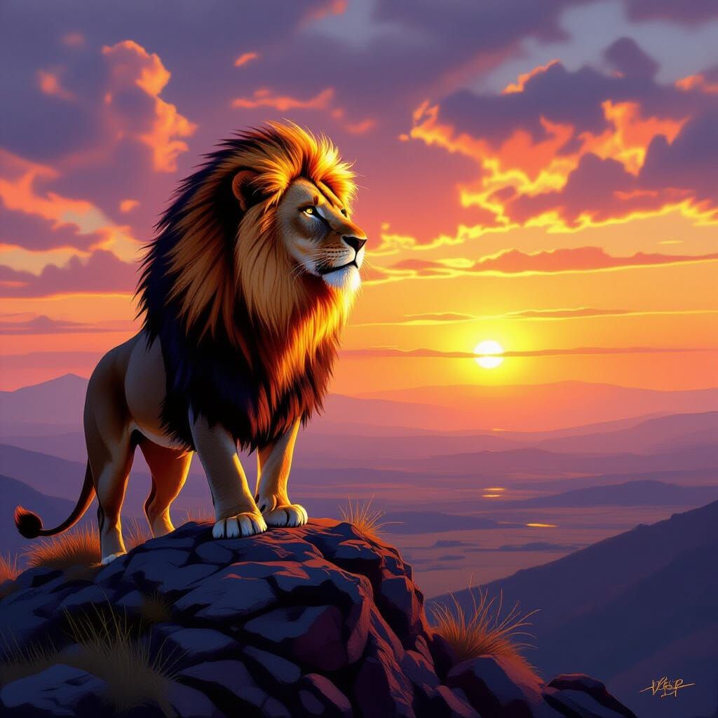 Lion with Luminous Mane at Sunset: Digital Painting