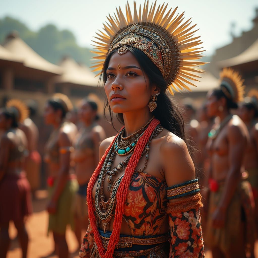 A majestic Bini queen from Nigeria, adorned in vibrant traditional attire and coral beads, stands regally amidst a bustl...