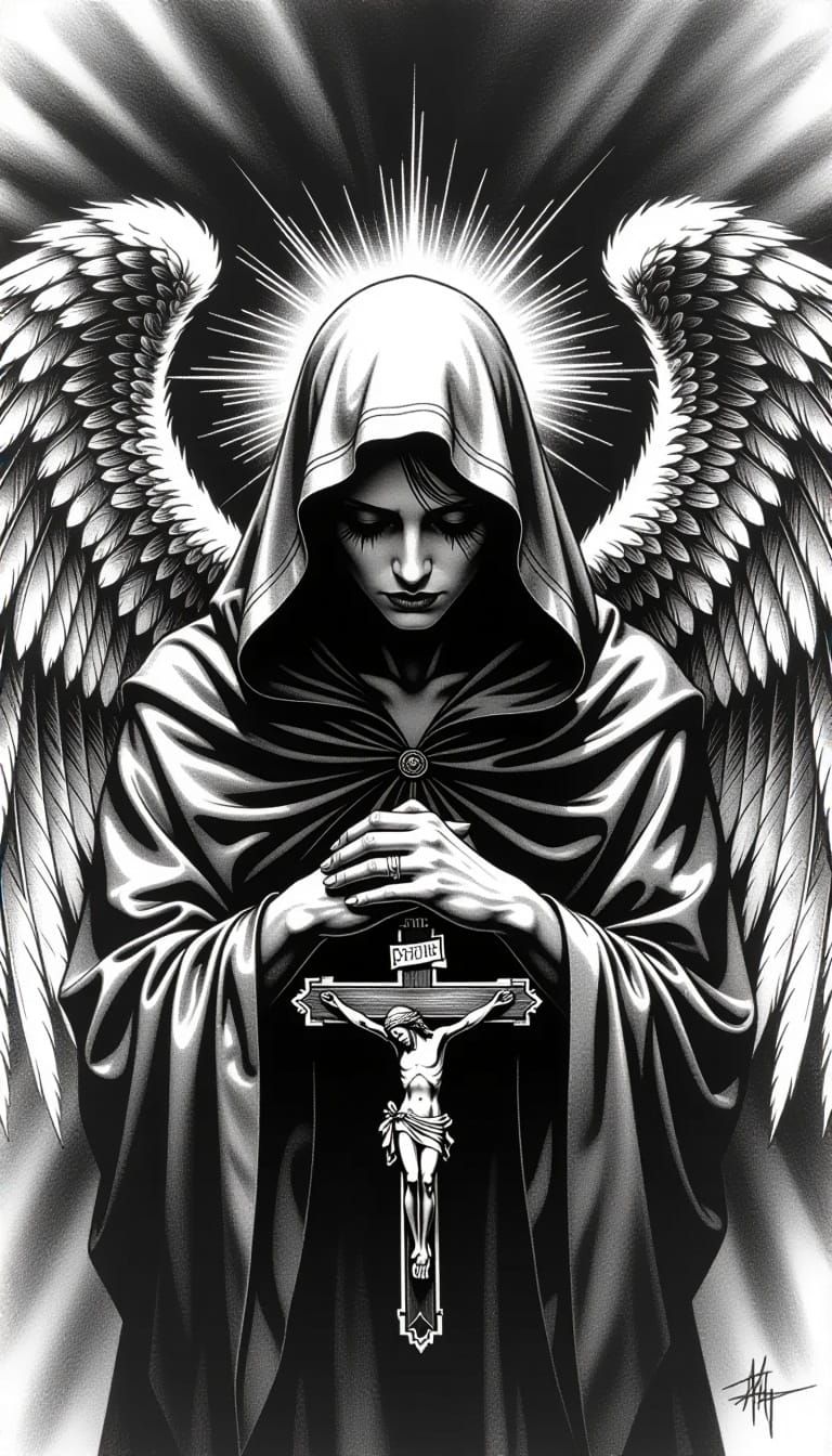 Monochromatic Angel Drawing in Gothic Tattoo Style