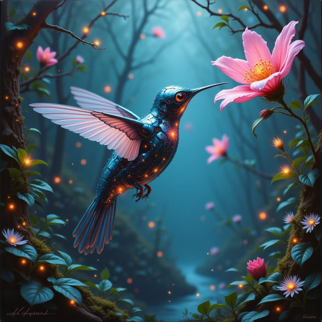 Biomechanical Hummingbird in Cyberpunk Metropolis Oil Painti...