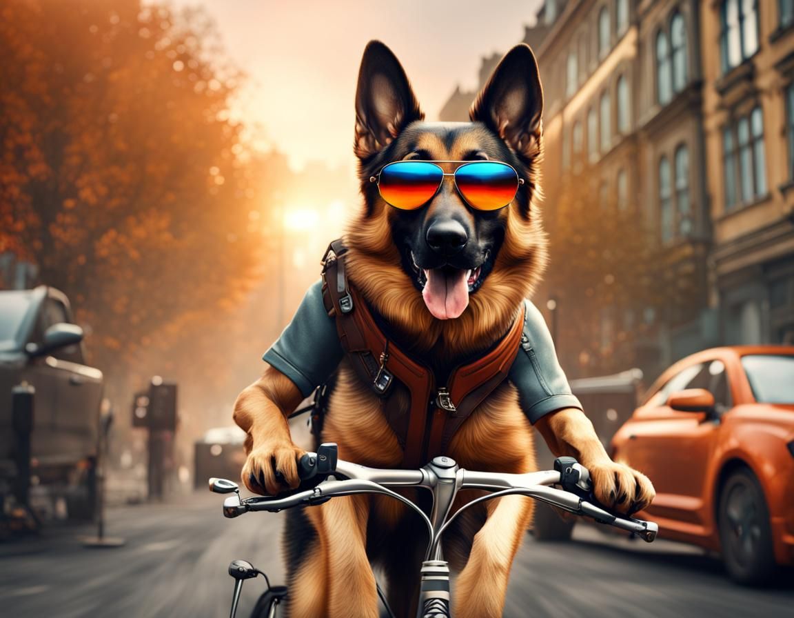 German Sheperd riding a bike.