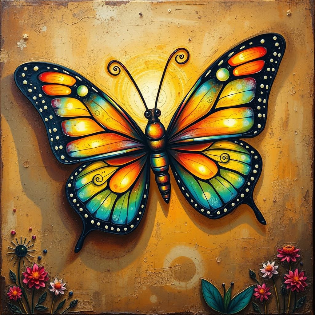 Vibrant Butterfly in Folk Art Style with Golden Sunlight