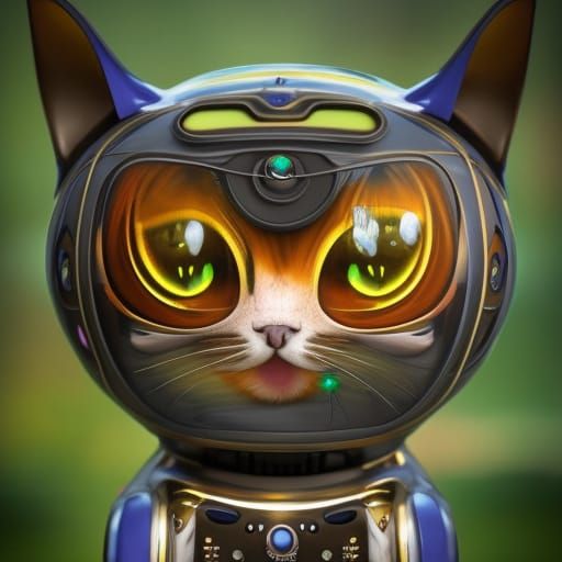 Robot Cat Gazing at Sphere in Sci-Fi Garden