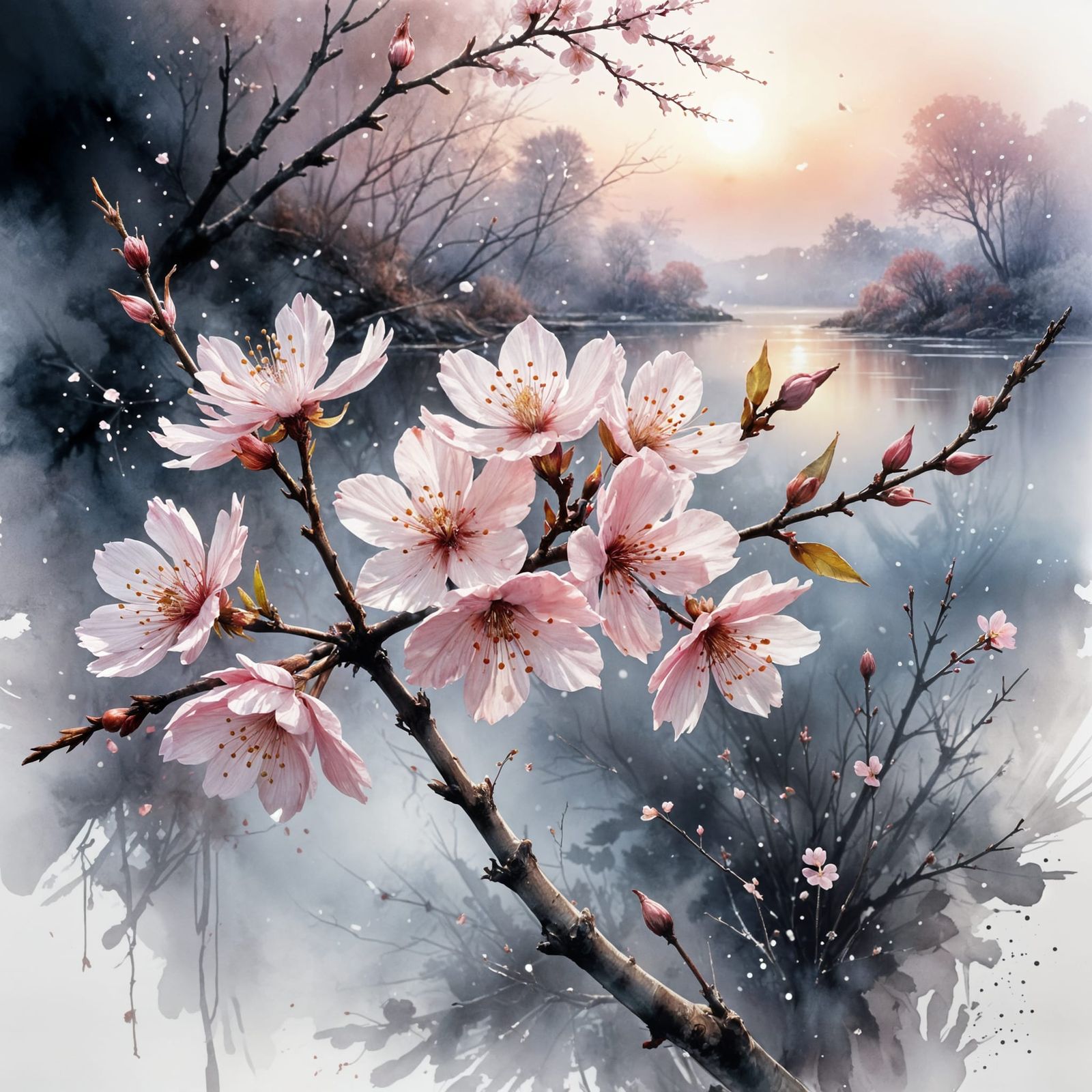 Delicate Cherry Blossom Branch in Watercolour Style