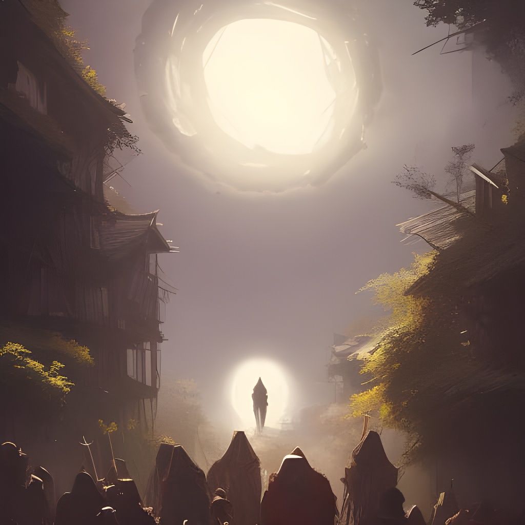 Terrifying Giant Eye Over Village, Hyperrealistic Art