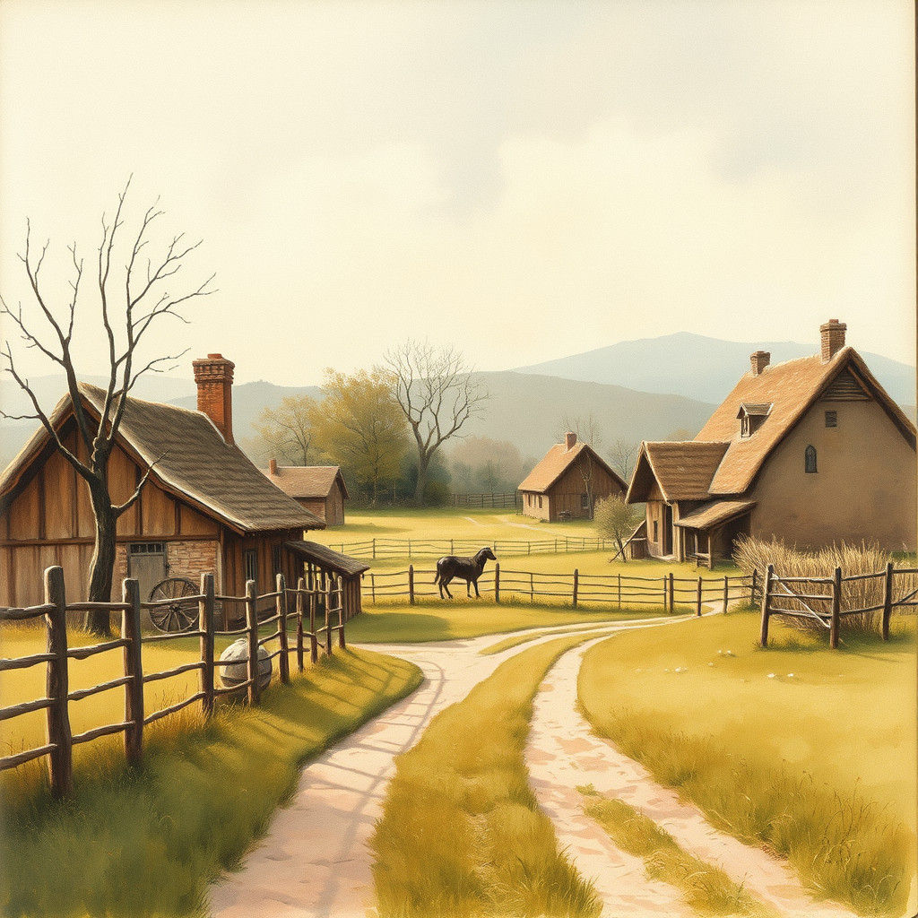 Rustic Farm in Watercolours, Nostalgic Landscape