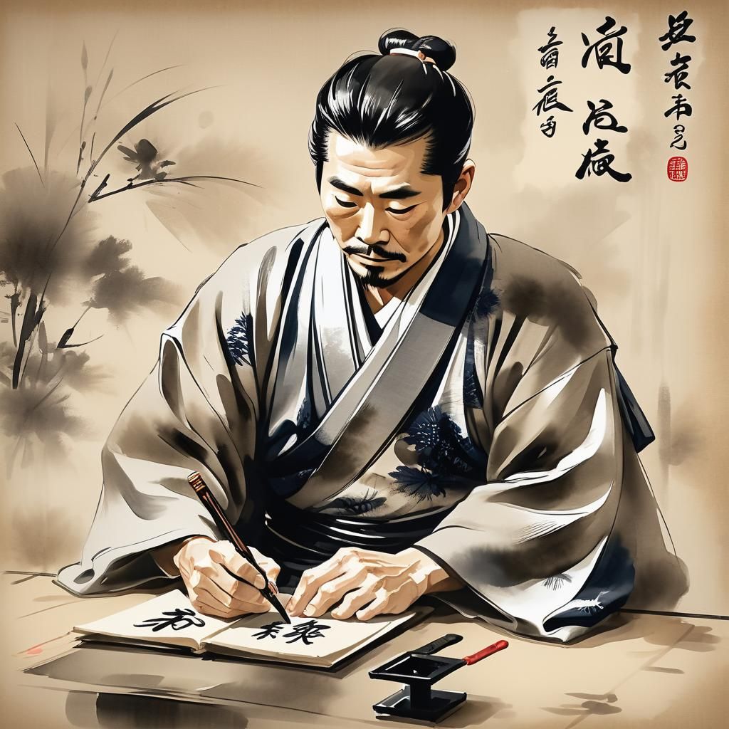 Japanese Calligrapher in Traditional Ink Wash Painting