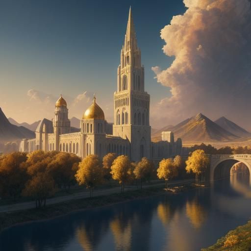 Majestic City with Ivory Temple in Golden Light