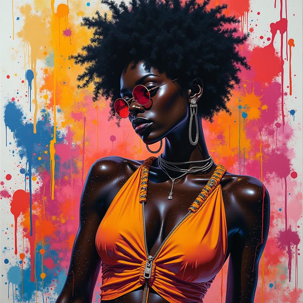 Vibrant Black Woman in Abstract Street Art Style