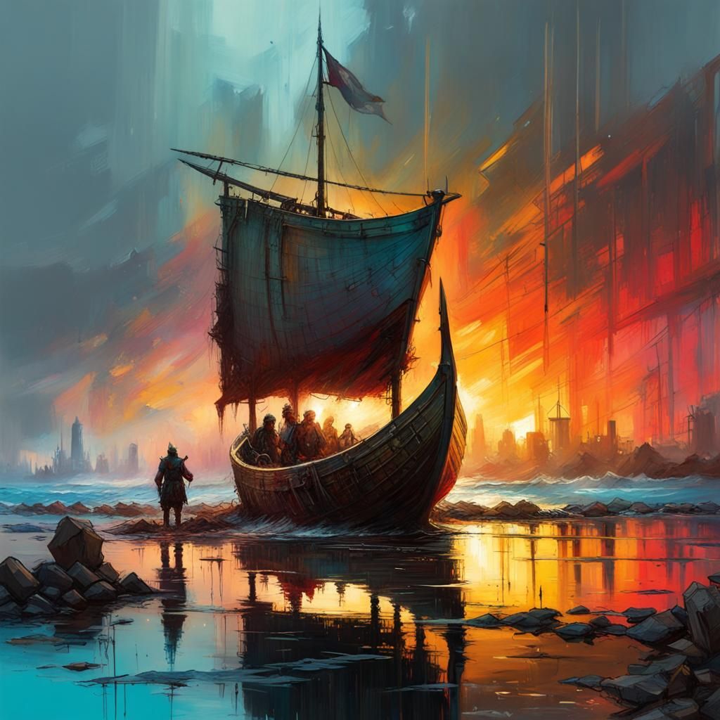 Detailed Viking Ship Painting with Reflections