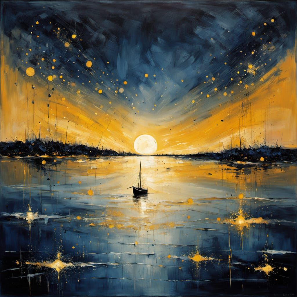 Moody Nighttime Harbor Scene in Abstract Expressionist Style