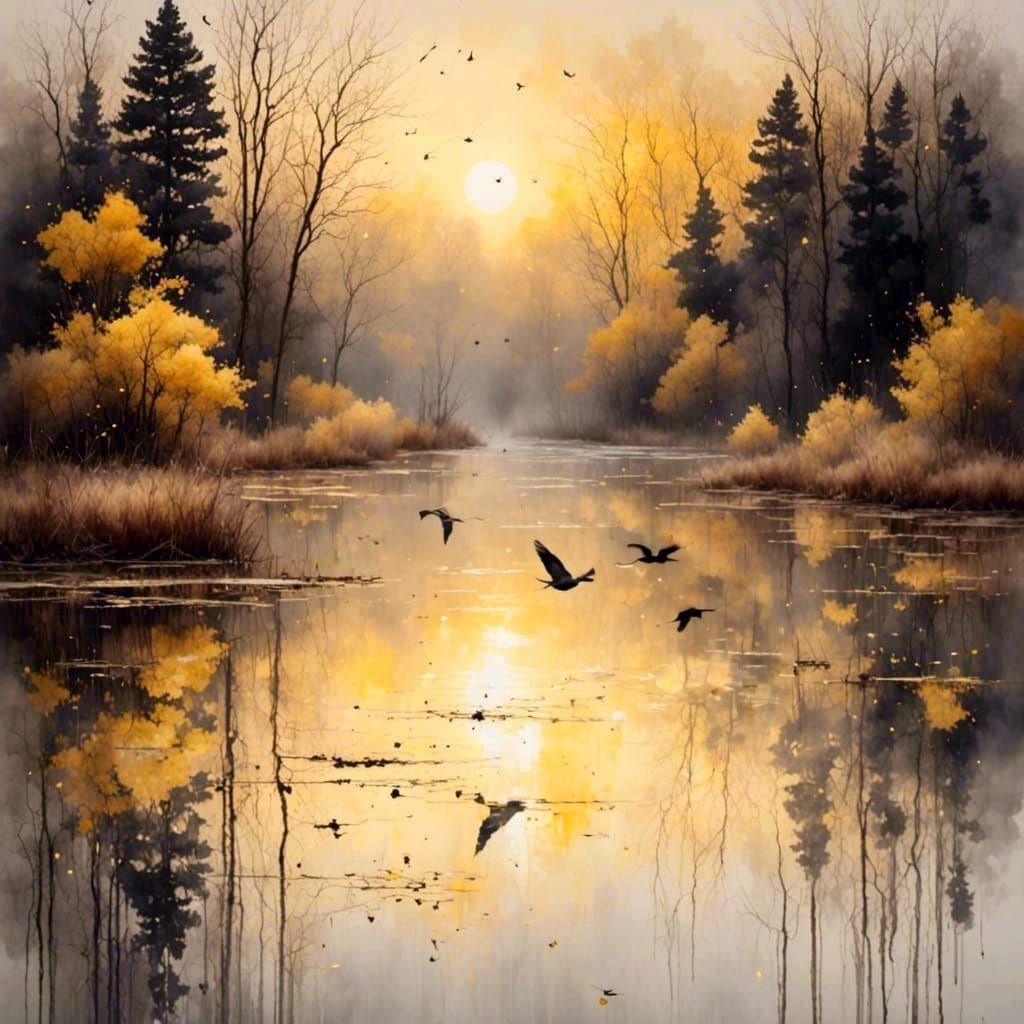 Heron Flight at Dawn: Antique Watercolor Painting