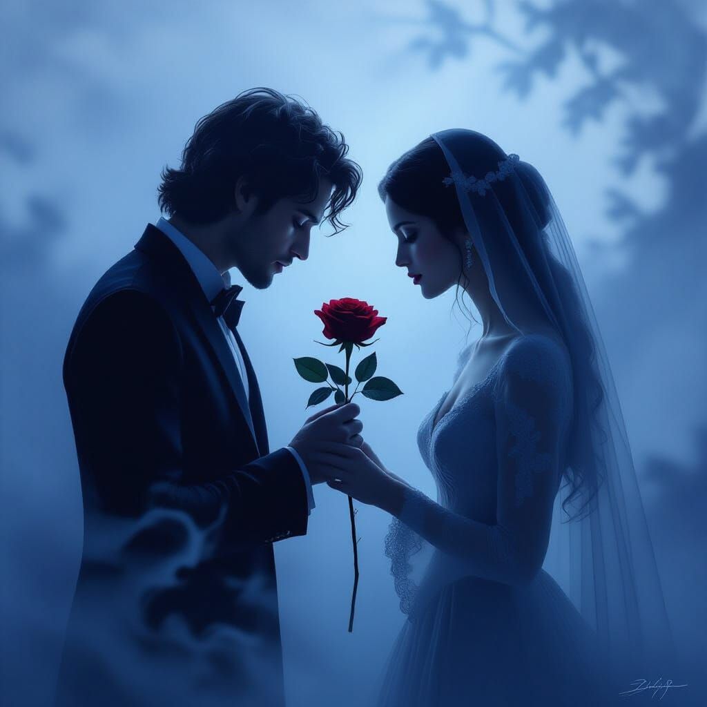 Ethereal Ghosts Exchange Black Rose in Surrealist Scene