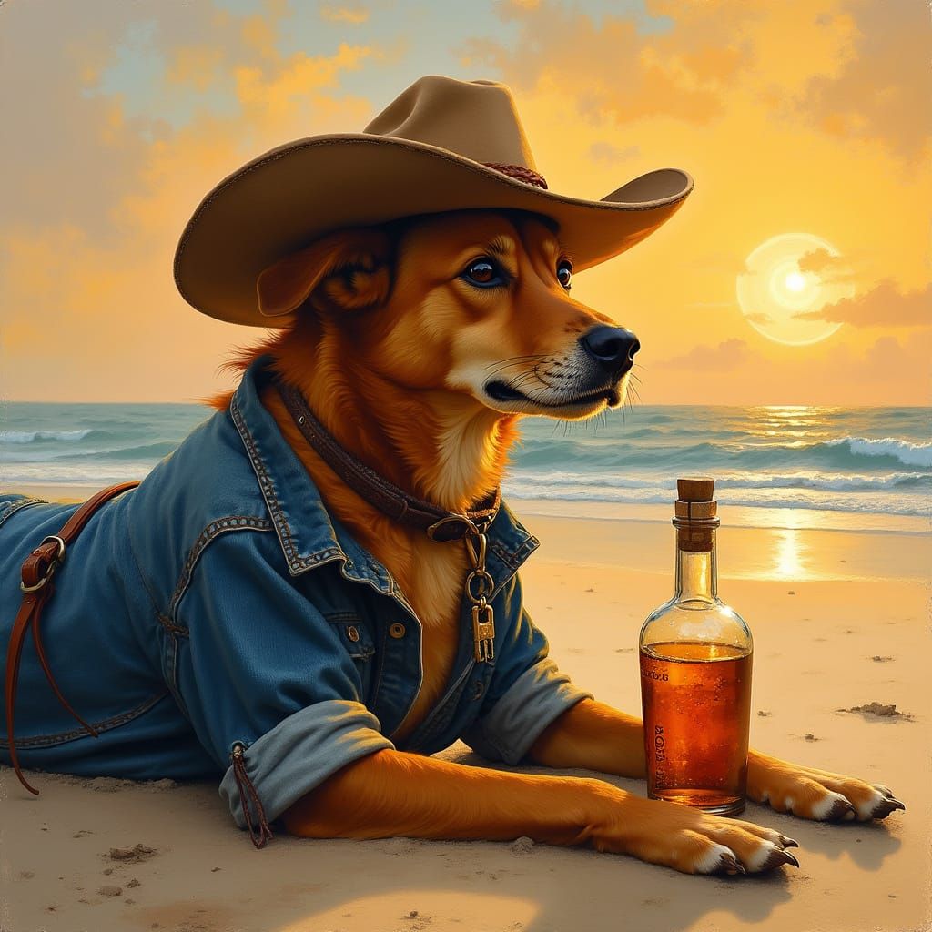 Cowboy Rez Dog Basks in Sunset on Desert Beach
