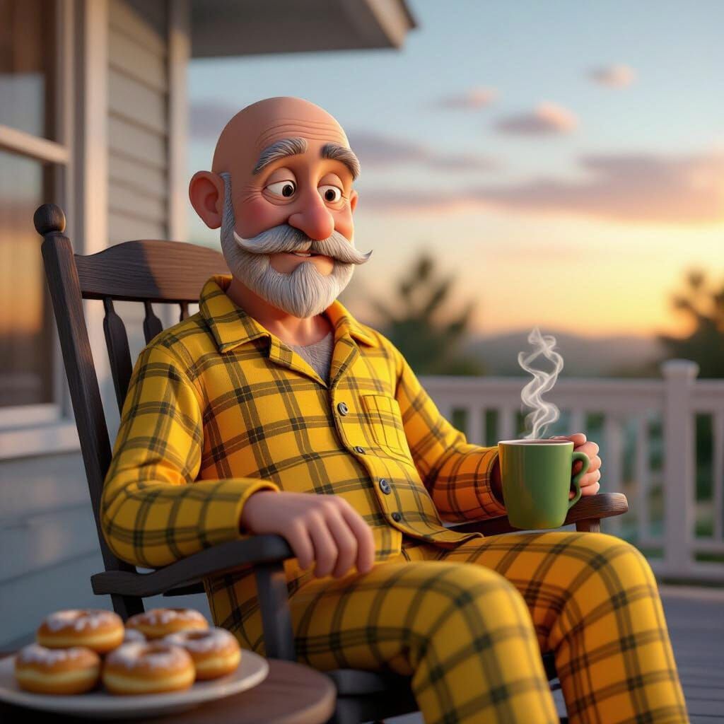 Contented Bald Man on Porch in Animated 3D Style