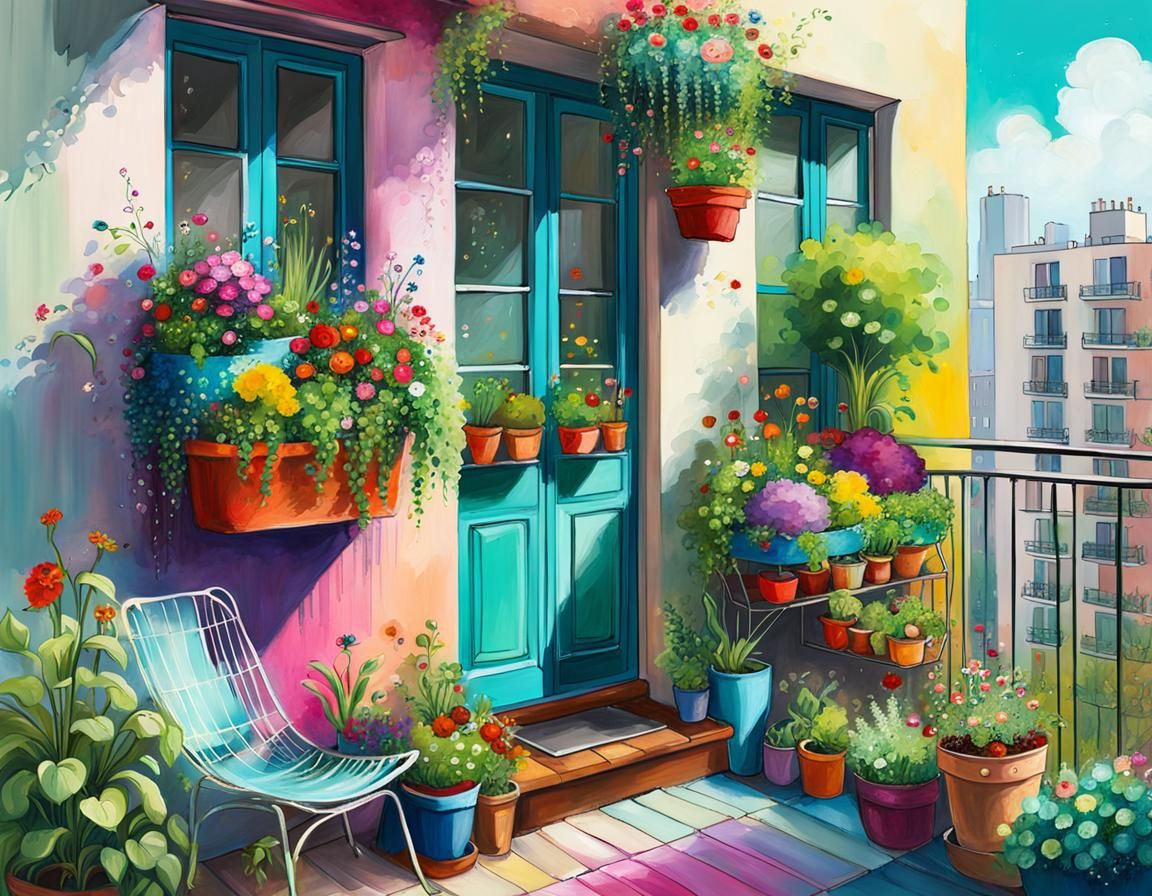 Urban Balcony Garden in Digital Impressionist Style
