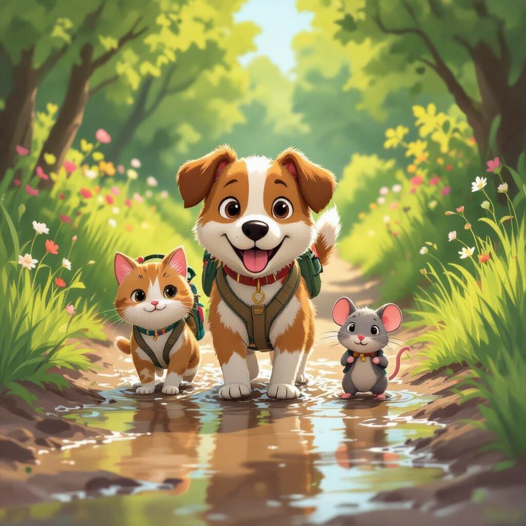 Cartoon Dog Leads Cat and Mouse to Safety