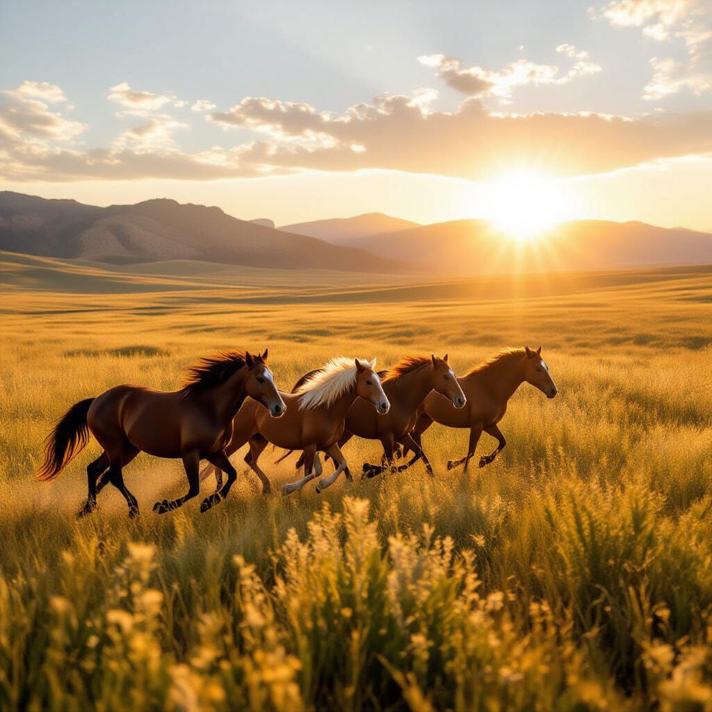 Wild Horses Running in Sunlit Valley - Minimalist Photograph...