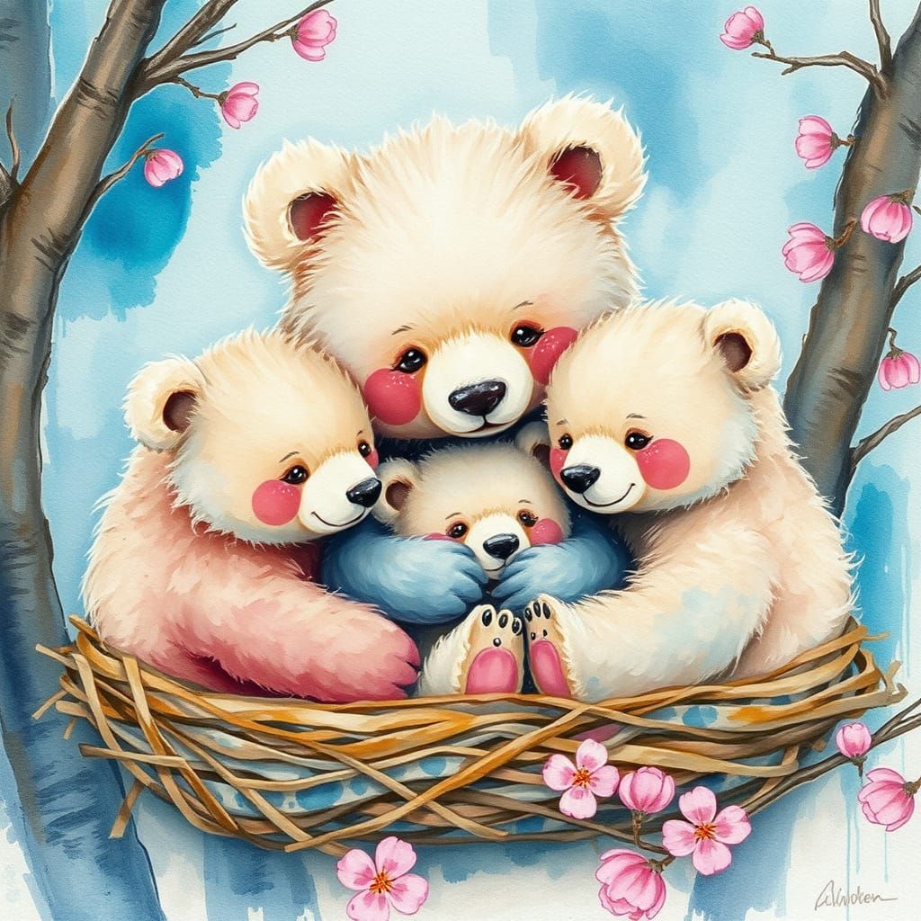 Cozy Springtime Bear Nest in Whimsical Watercolor Style