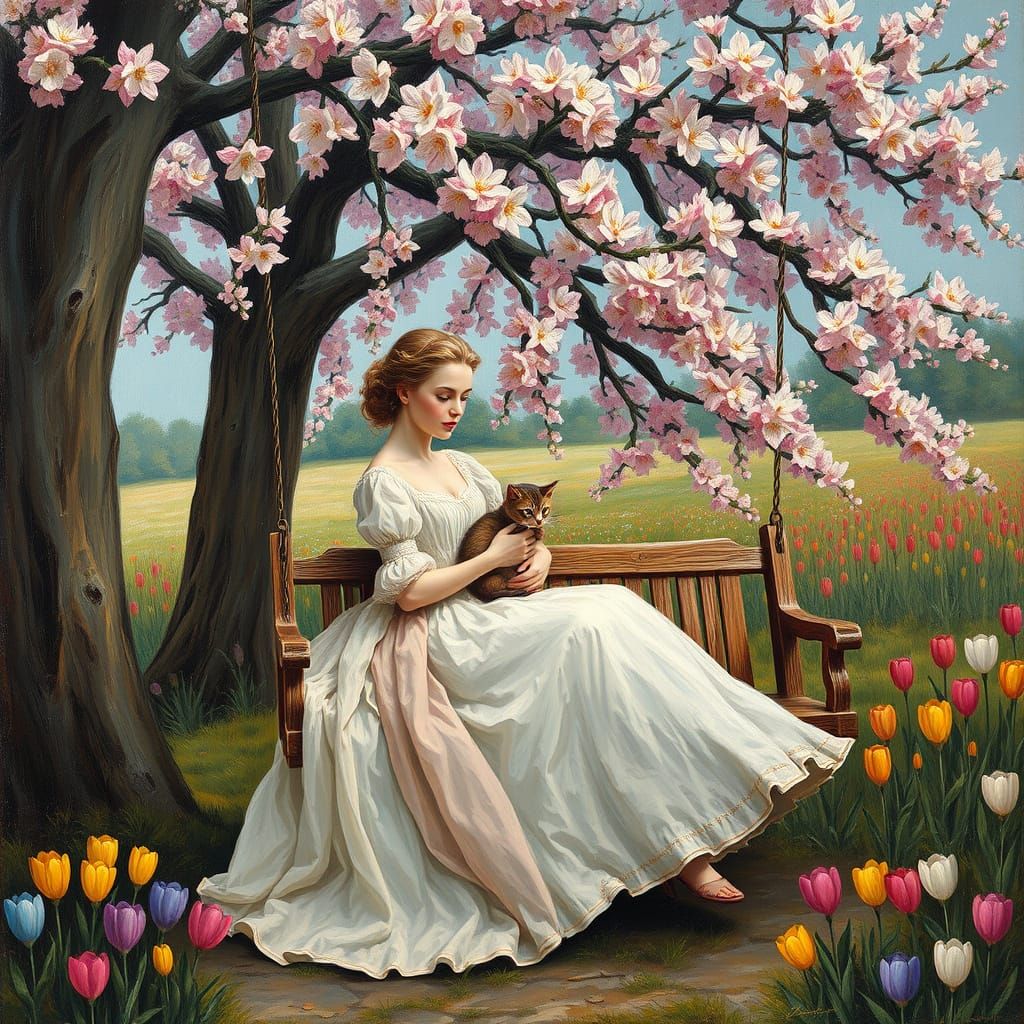 Woman with Kitten on Swing in Impressionist Style