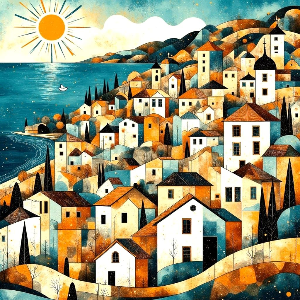 Cubist Italian Townscape with Ocean Views