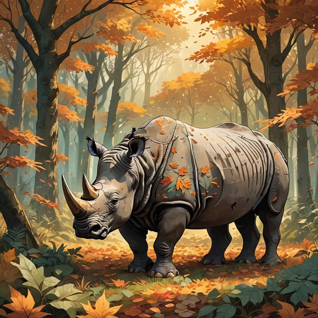 Autumnal Rhino in Anime Style Forest Glade
