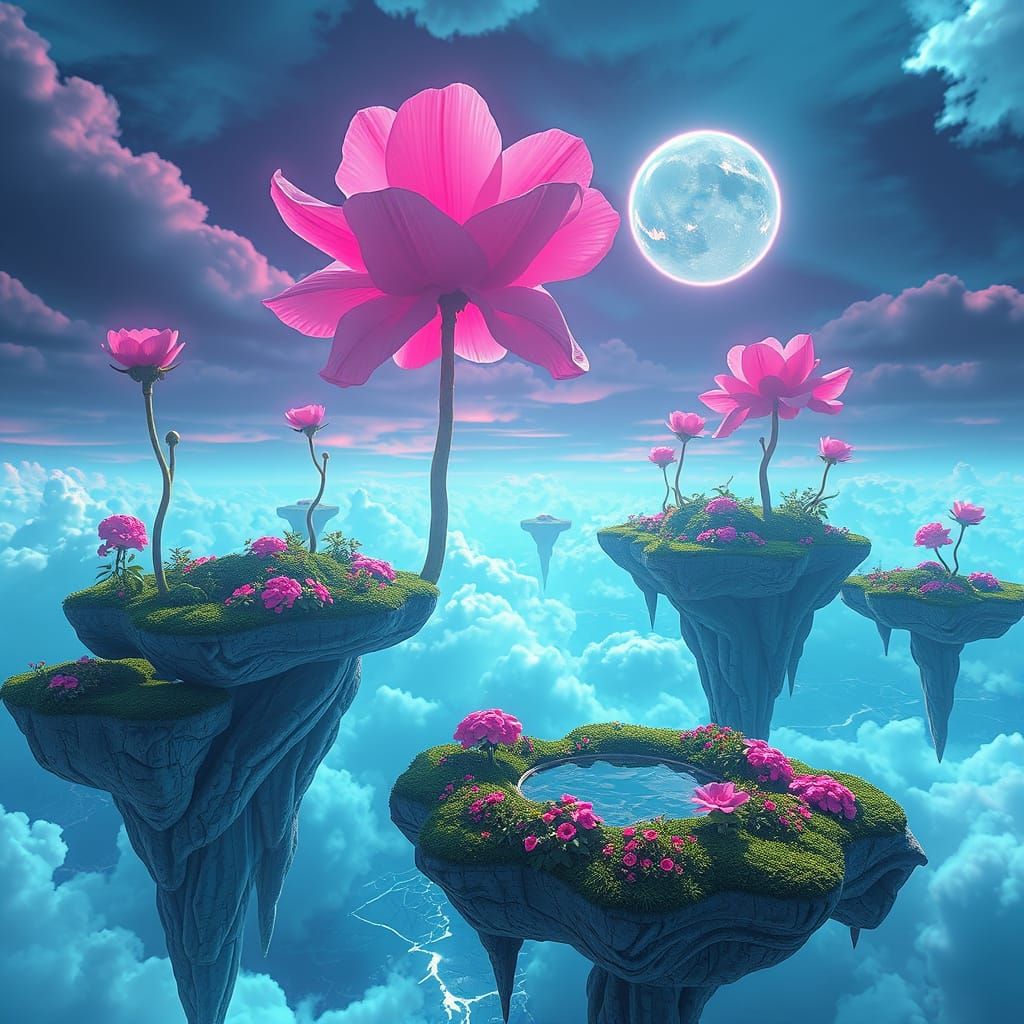 Floating Islands with Gardens in Neon Cyberpunk Style