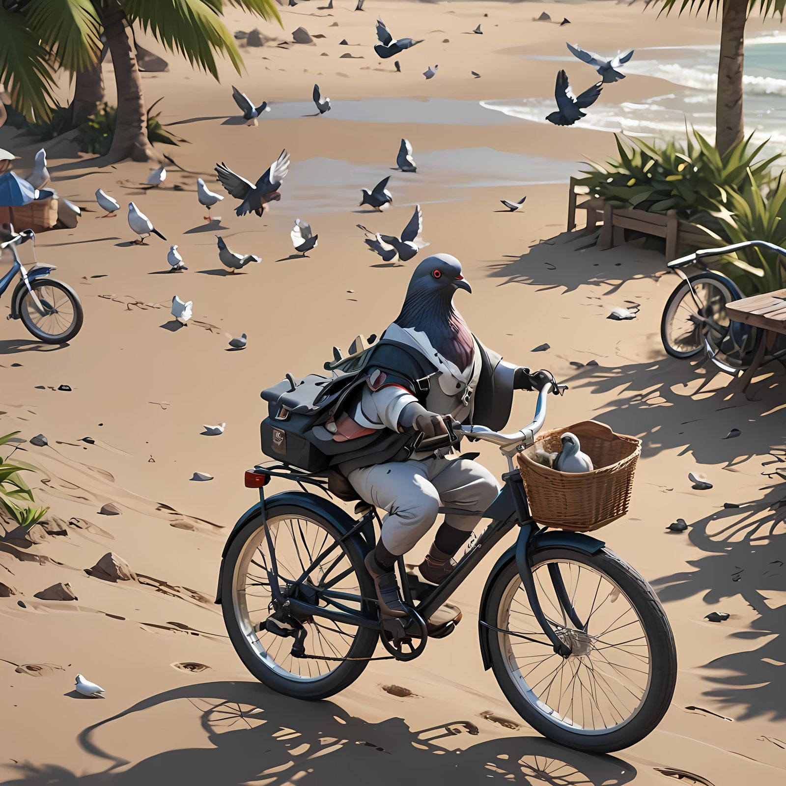 A pigeon riding a bike in a beach setting