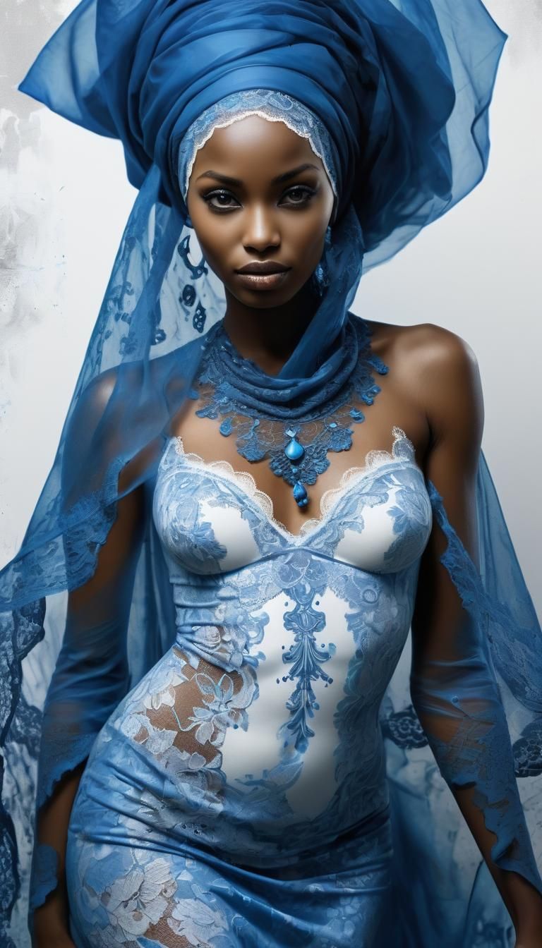 Monochromatic Blue Ink Painting of African Woman