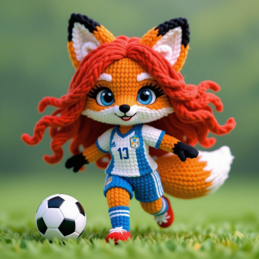 Chibi Fox Woman Soccer Player in Yarn Art