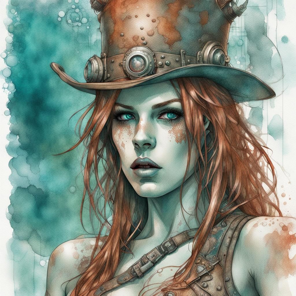 Steampunk Zombie Woman in Dark Copper and Teal
