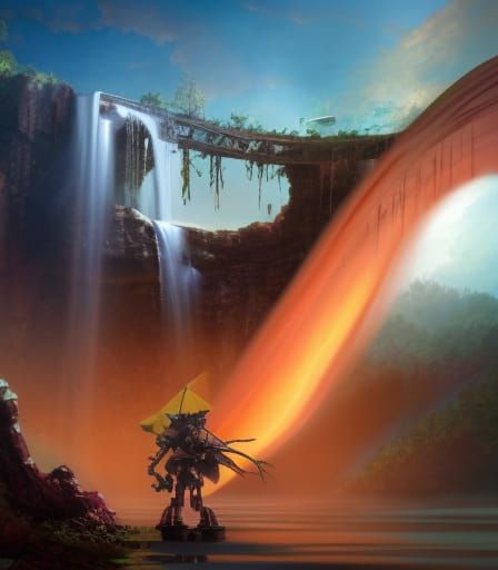 Steampunk Robot Waterfall in Abandoned City