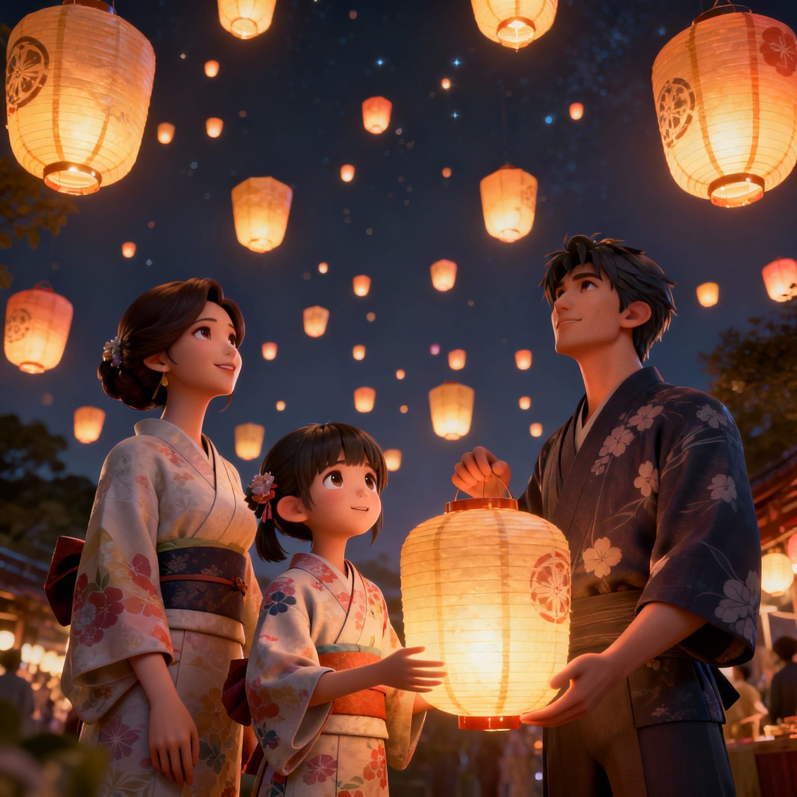 Family Releases Glowing Lanterns in Night Sky