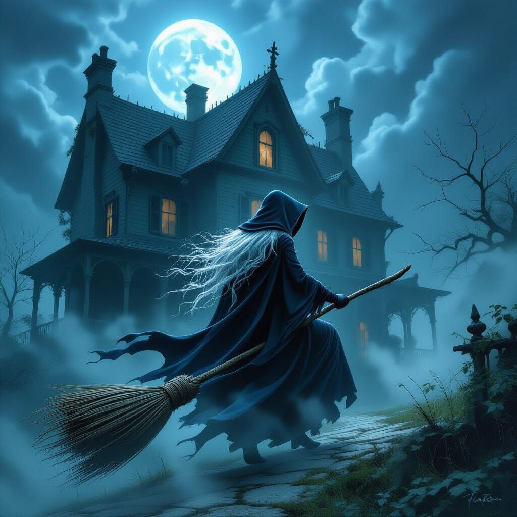 Wicked Witch Rides Broom Past Haunted Mansion
