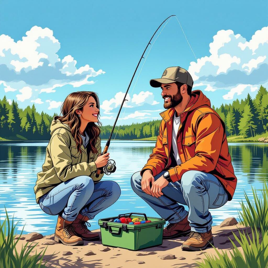 Hyper-Realistic Comic Book Couple Fishing at Lake