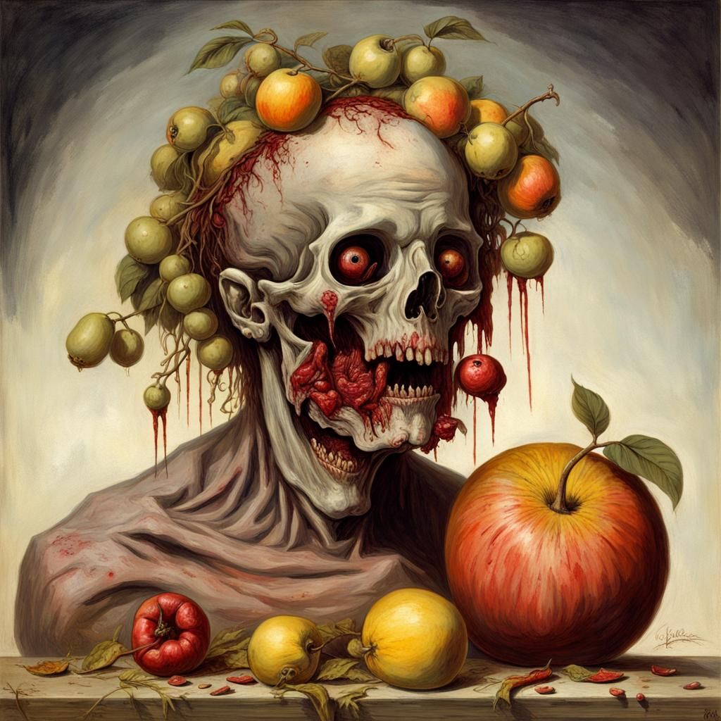 Zombie with Rotten Fruit Head in Horror Style