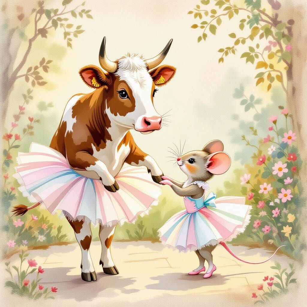 Cow and Mouse Ballet Dancers in Watercolor