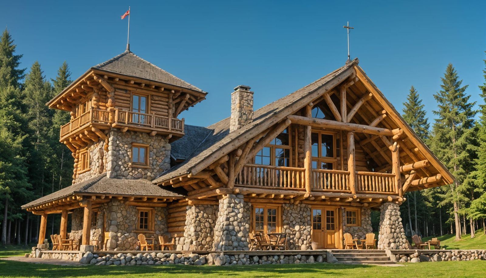 Luxury Log Cabin with Stone Tower