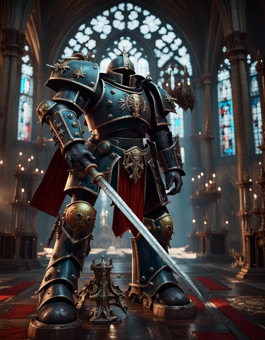 Black Templar Champion in Gothic Church, 3D Render