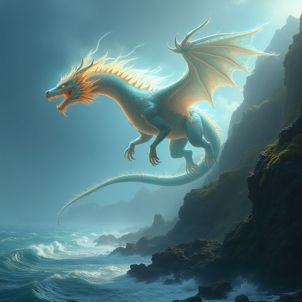 Luminous Dragon Gliding Over Windswept Coastline