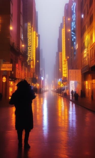 Rainy Cityscape at Night in Expressionist Style