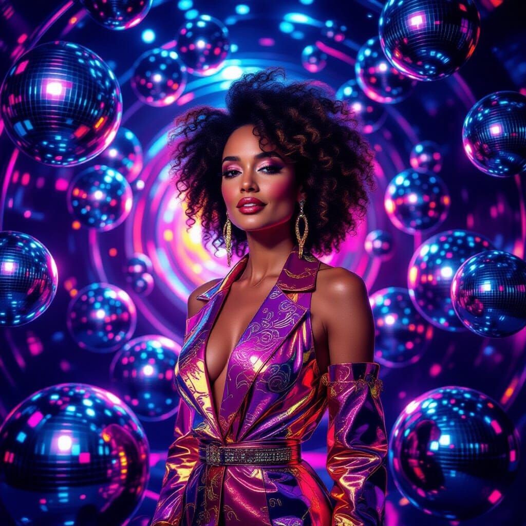 Afrofuturist Woman in Neon Cosmos, Photorealistic Style