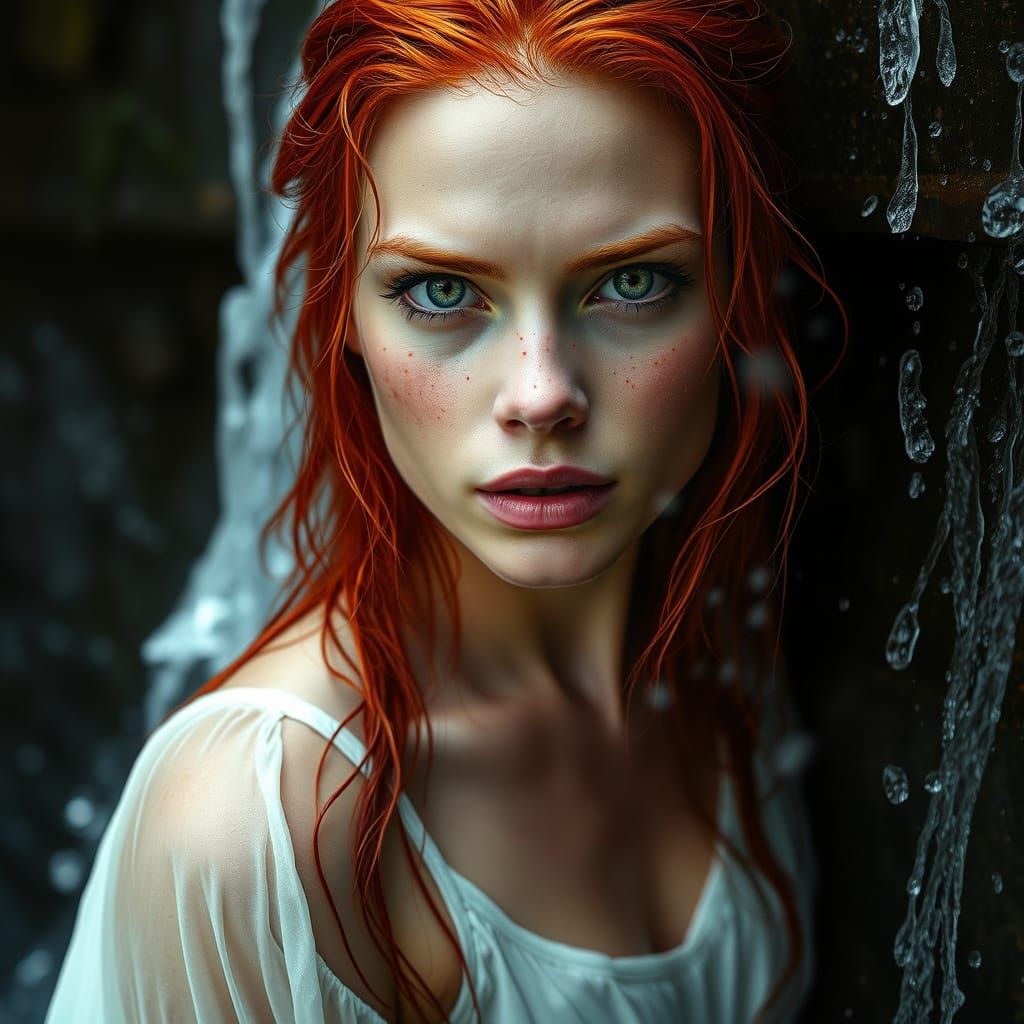 Ethereal Woman Emerges from Waterfall