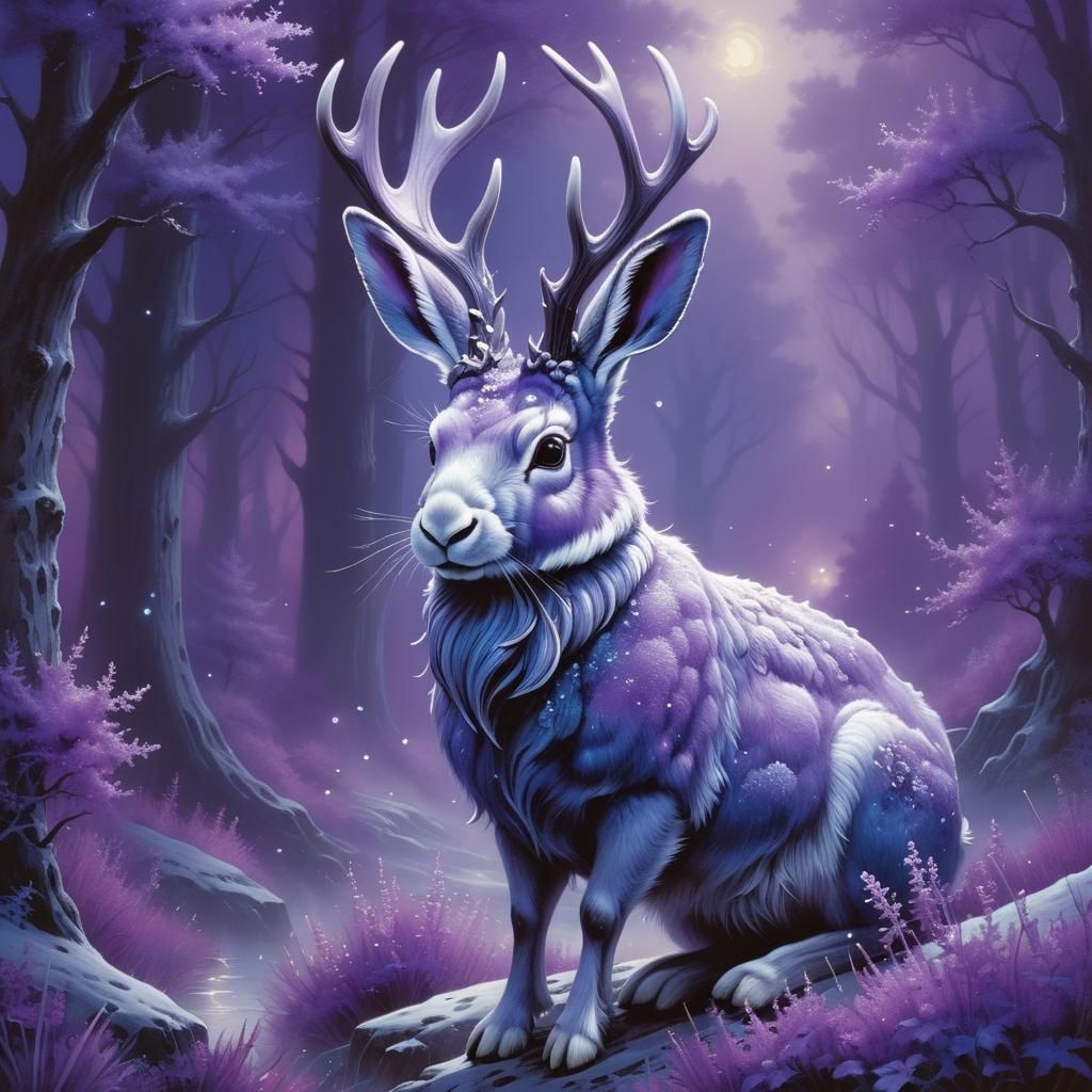 Monochromatic Jackalope in Ethereal Fantasy Landscape
