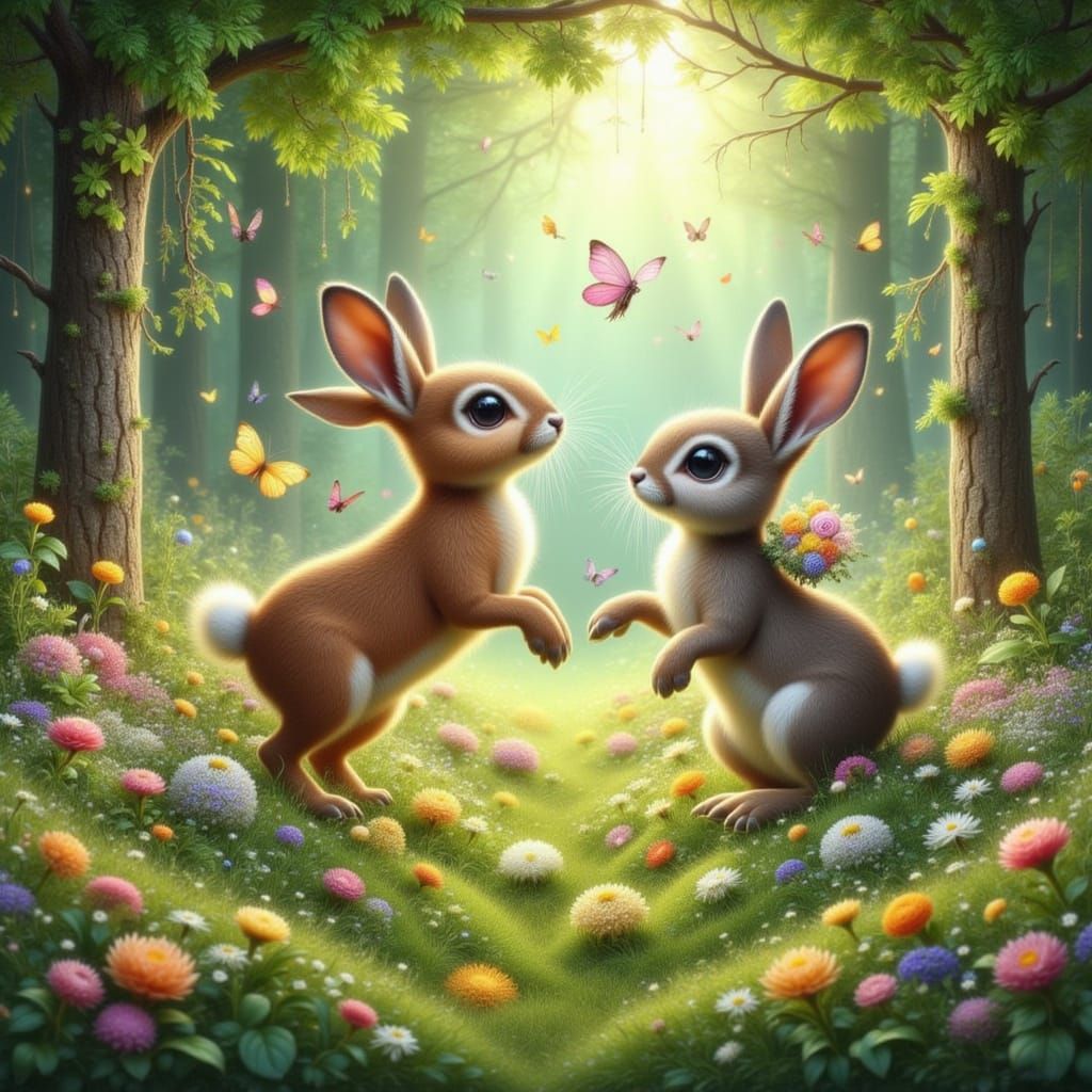 Rabbits and Deer Dance in Wildflower Forest